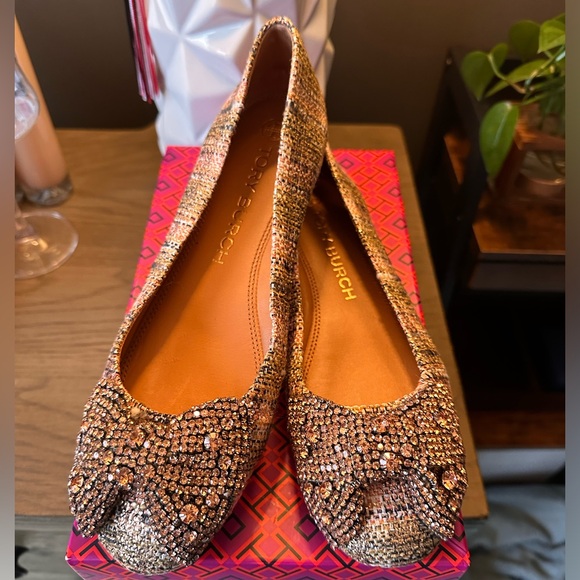 Authentic Brand new Tory Burch Crystal bow ballet metallic tweed_rose gold multi - Picture 5 of 14